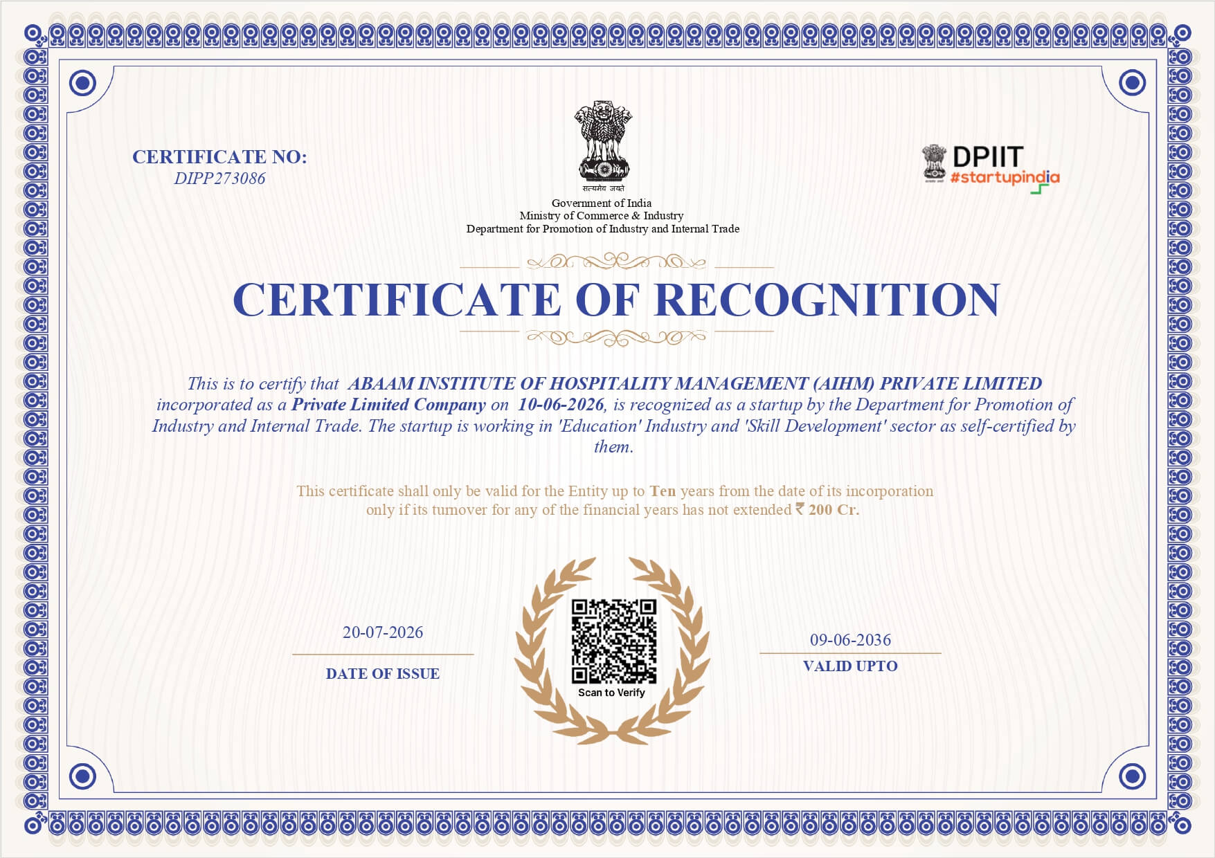 DPIIT Startup Recognition secured by SNB Consultancy for ABAAM