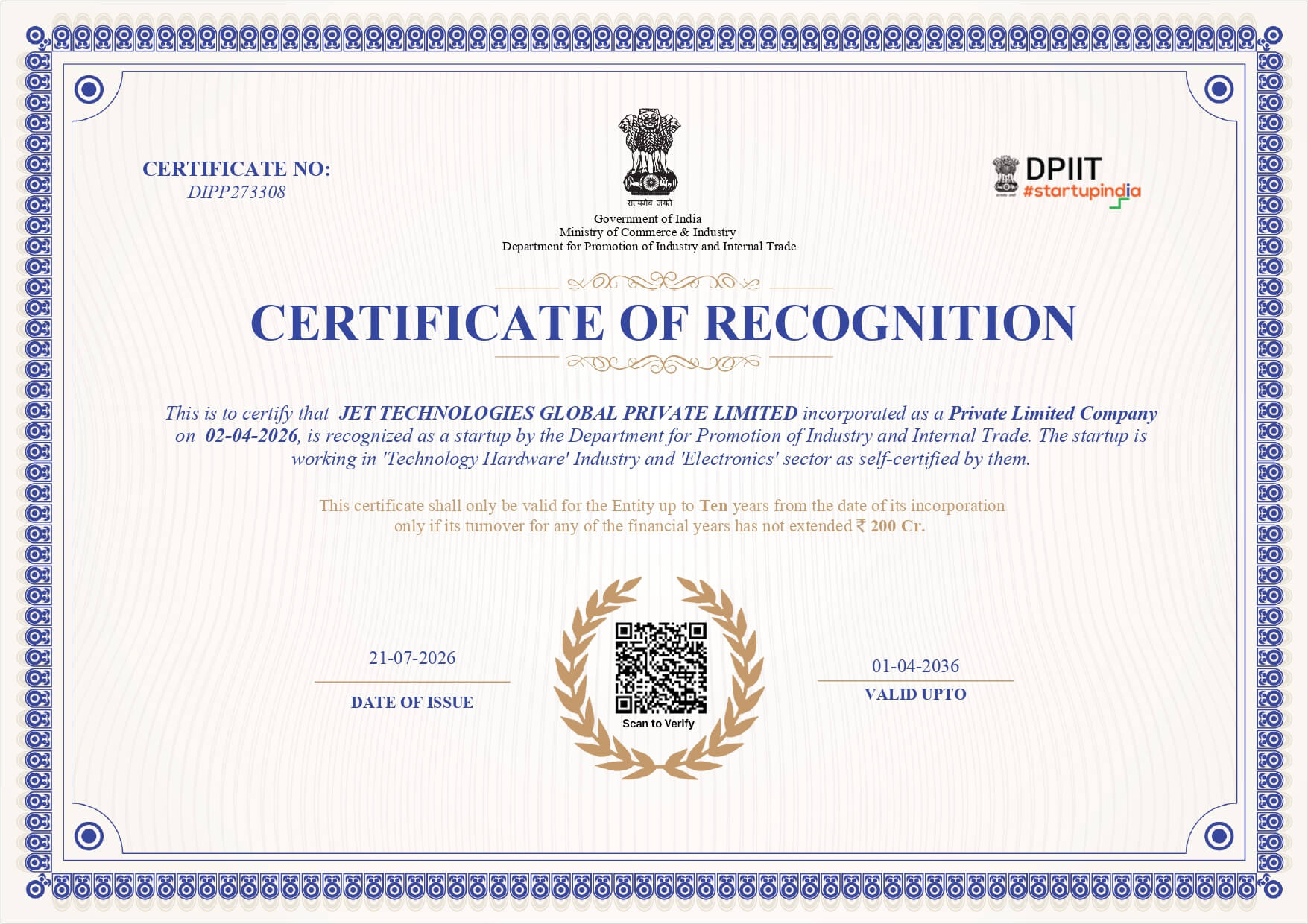 DPIIT Startup Recognition secured by SNB Consultancy for JET Technologies