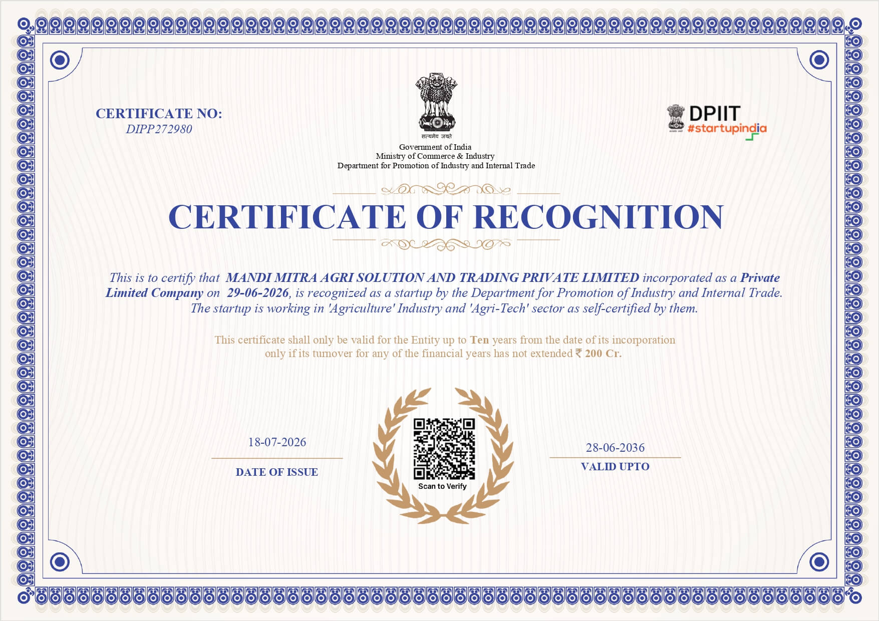 DPIIT Startup Recognition secured by SNB Consultancy for Mandi Mitra