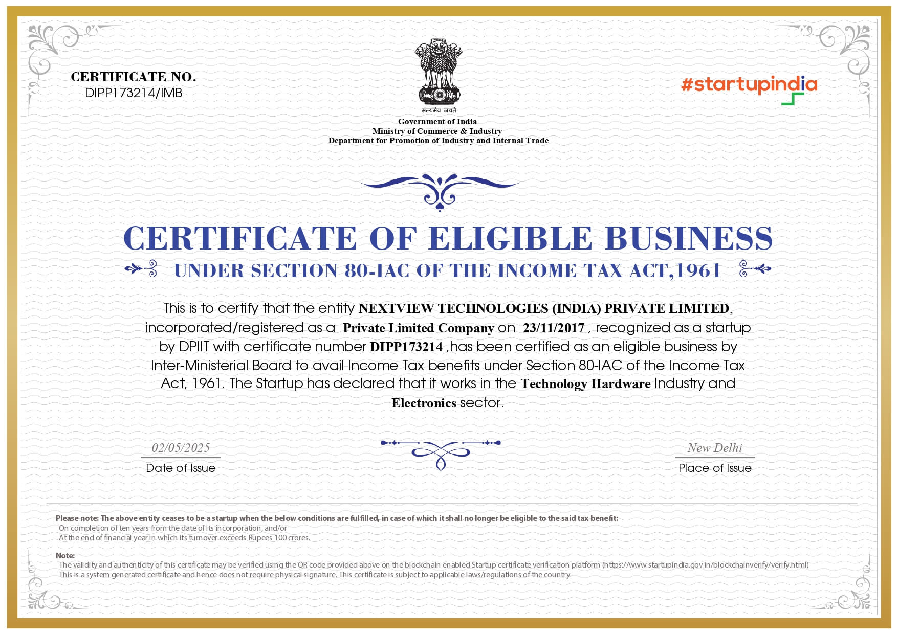 Tax Exemption Certificate secured by SNB Consultancy for Nextview Technologies